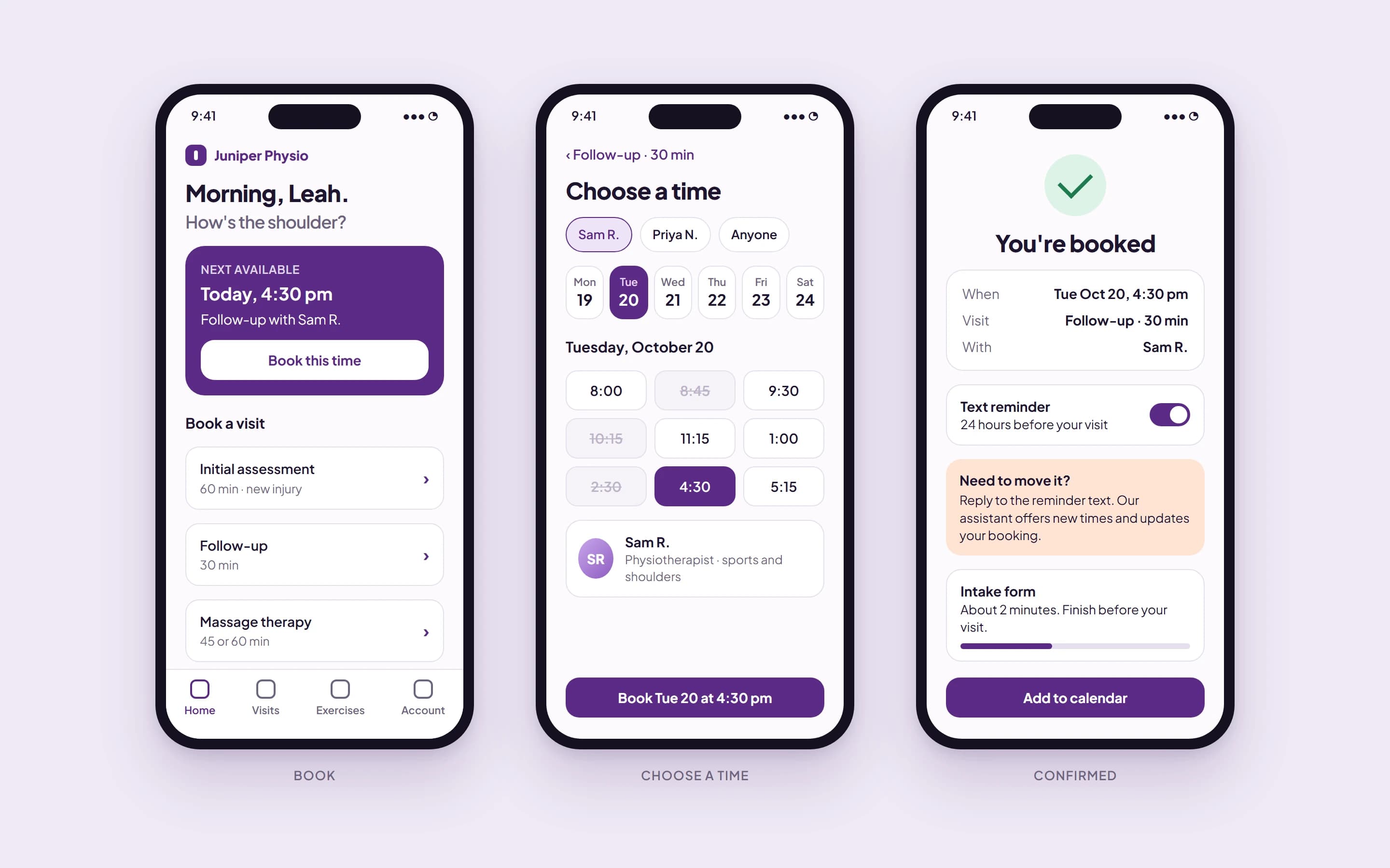 Juniper Physio concept: three phone screens showing the home screen with the next available visit, a time picker for Tuesday October 20, and a booking confirmation with reminders