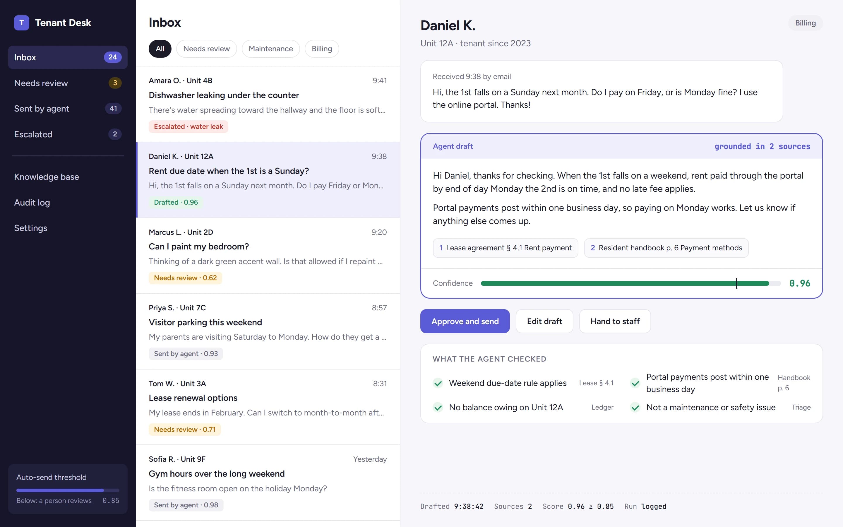 Tenant Desk concept: an inbox of tenant messages with status tags, and an agent's draft reply citing two sources with a confidence score of 0.96 against a 0.85 threshold